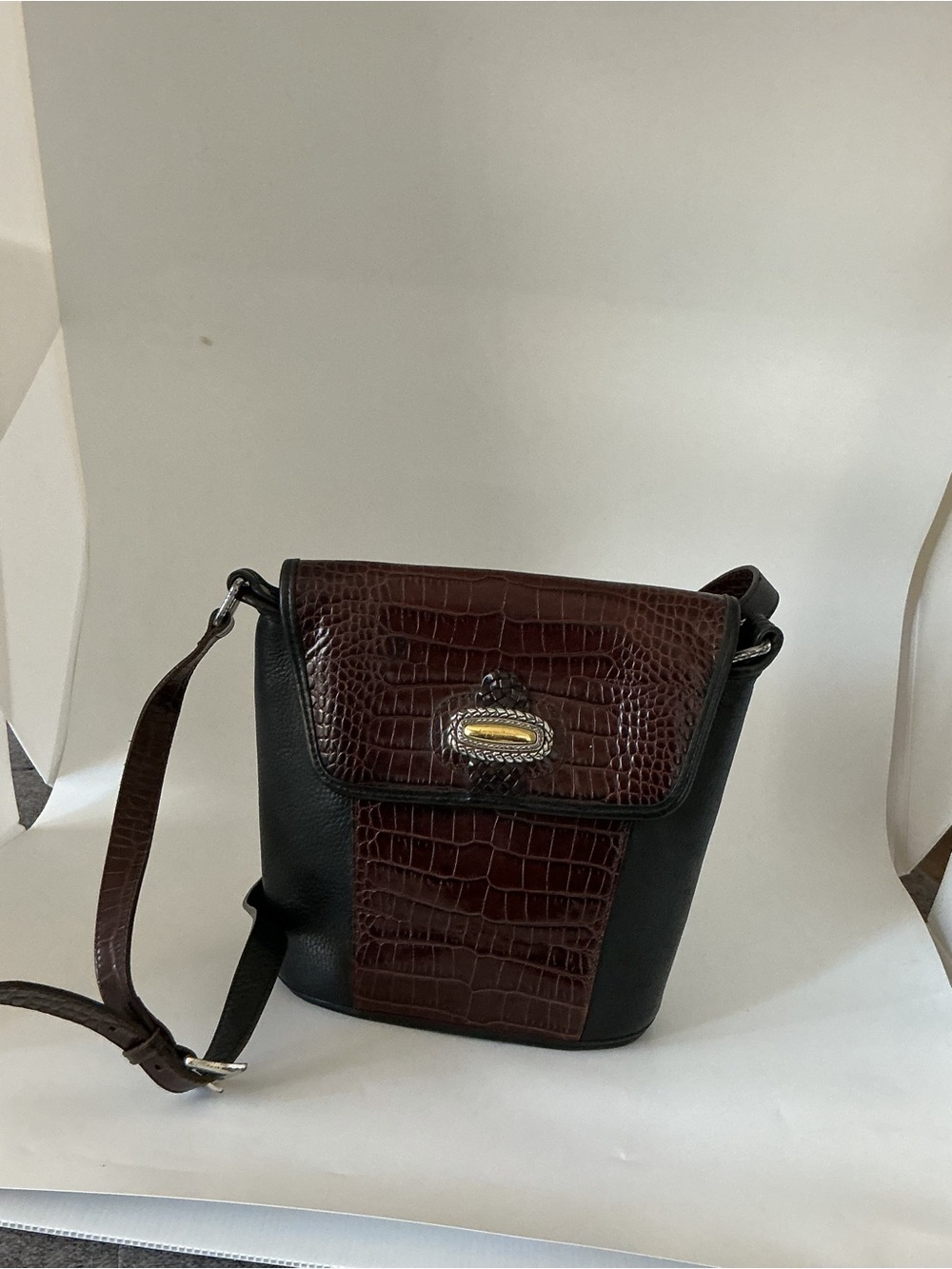 Brighton Black and Dark Brown Croc-Trim Crossbody Bag